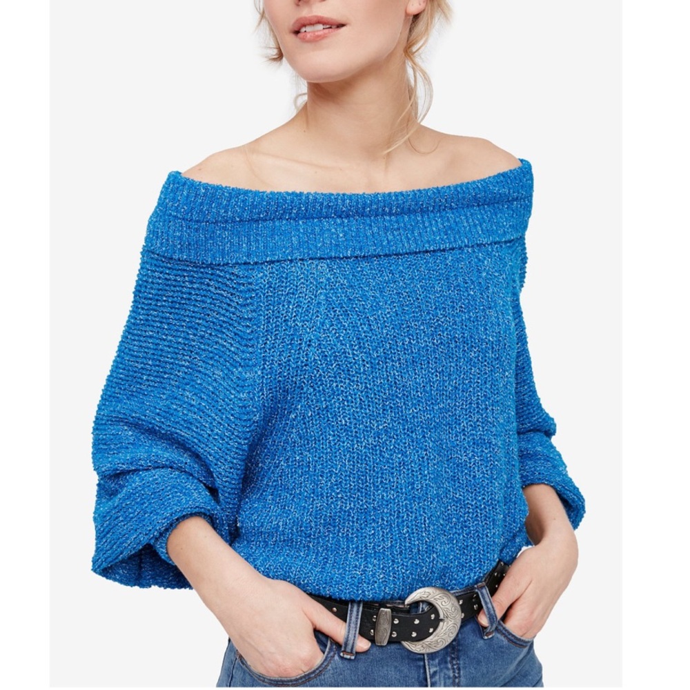 Free People Edessa Off-The-Shoulder Boxy Blue Knit Pullover Sweater Size Large